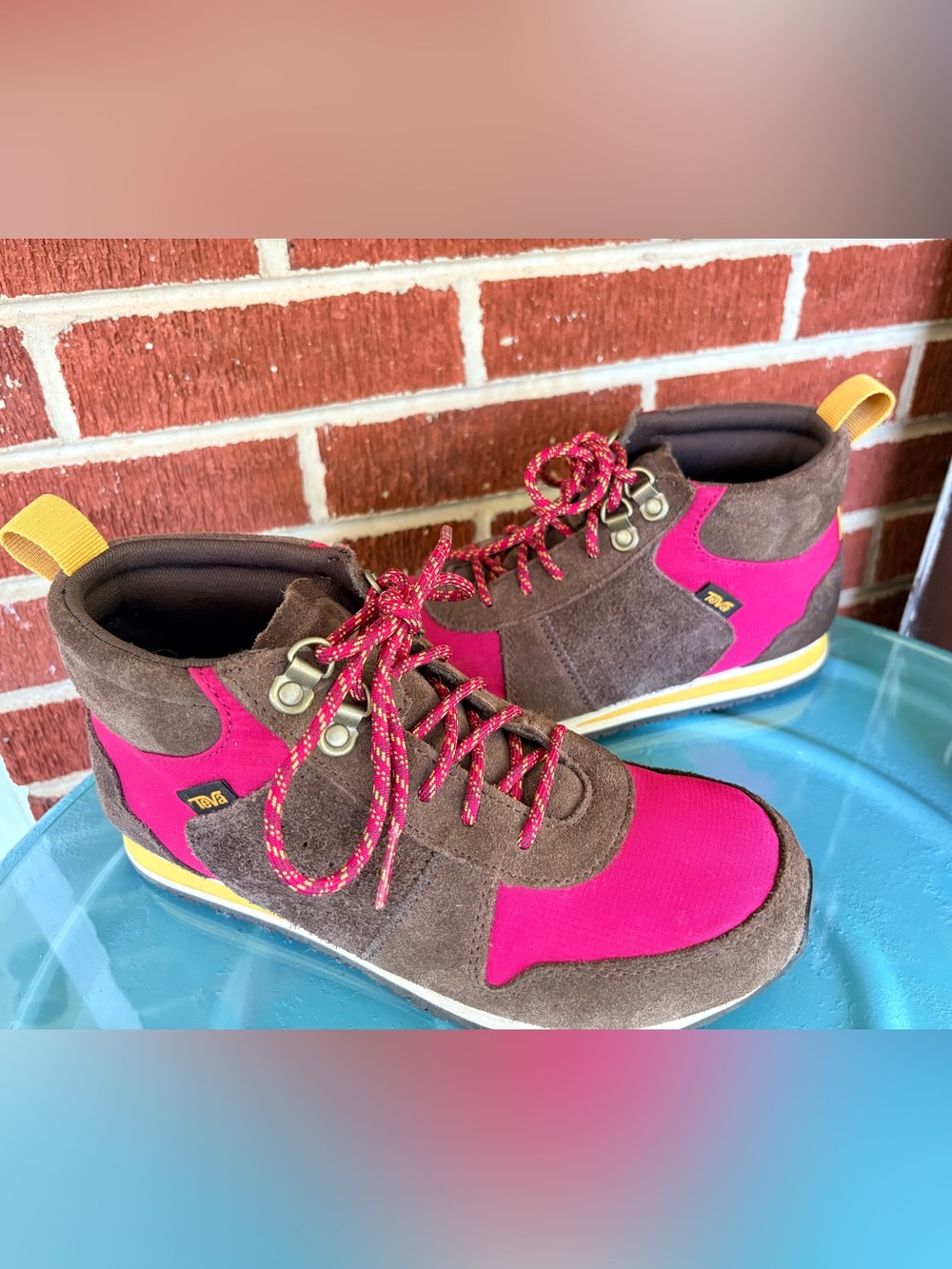 Teva Women's Brown Suede High Side 84’ Red  w/!Mustard Trim